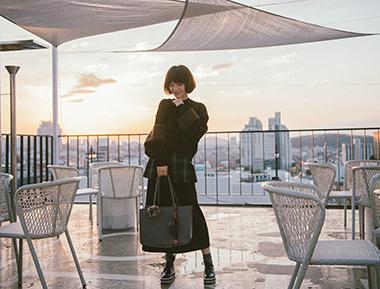 绿色格子拼接羊毛裙