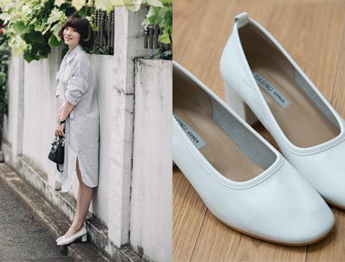 白色牛皮粗跟单鞋