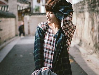 Patchwork风两色格纹衬衣